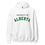 Unisex hoodie featuring University of Alberta name and branding in green and gold