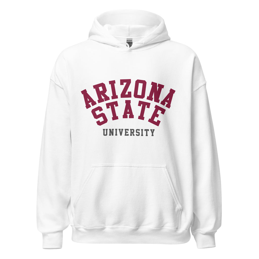 Unisex hoodie featuring Arizona State University name and branding in maroon and gold