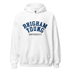 Unisex hoodie featuring Brigham Young University name and branding in navy and white