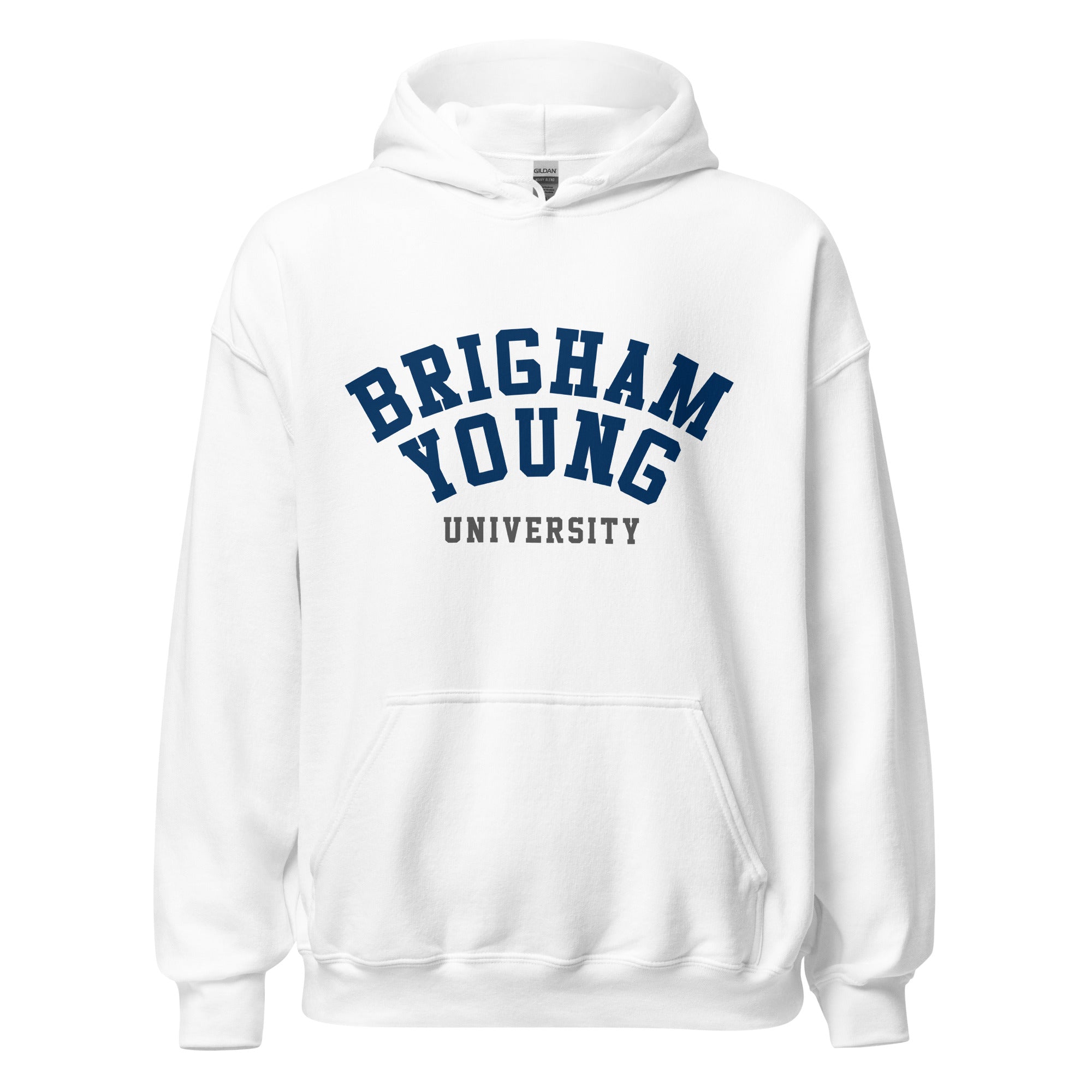 Unisex hoodie featuring Brigham Young University name and branding in navy and white