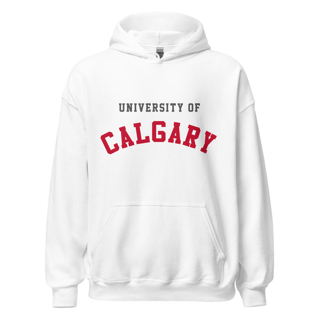 Unisex hoodie featuring University of Calgary name and branding in red and gold