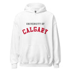Unisex hoodie featuring University of Calgary name and branding in red and gold