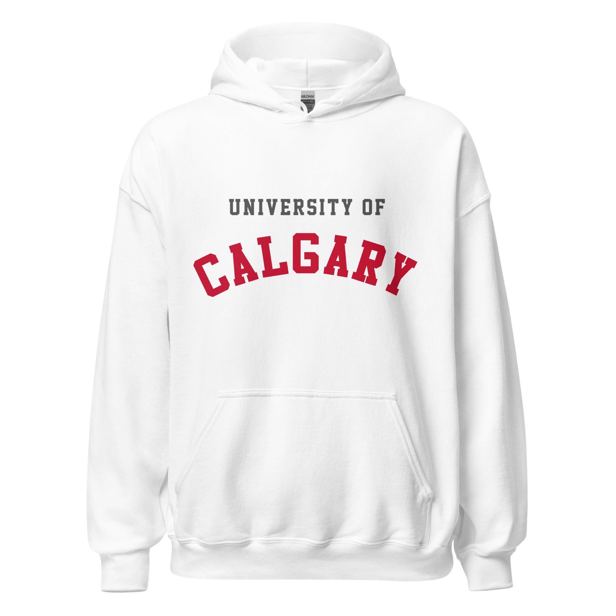 Unisex hoodie featuring University of Calgary name and branding in red and gold