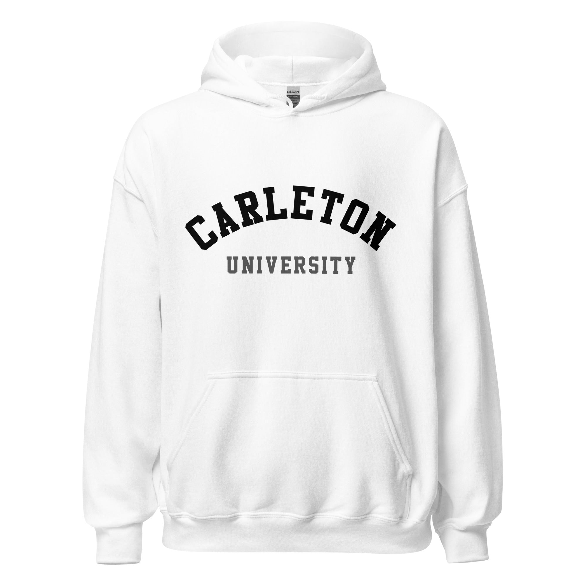 Unisex hoodie featuring Carleton University name and branding in red and gold