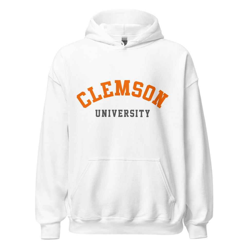 Unisex hoodie featuring Clemson University name and branding in orange and purple