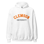 Unisex hoodie featuring Clemson University name and branding in orange and purple