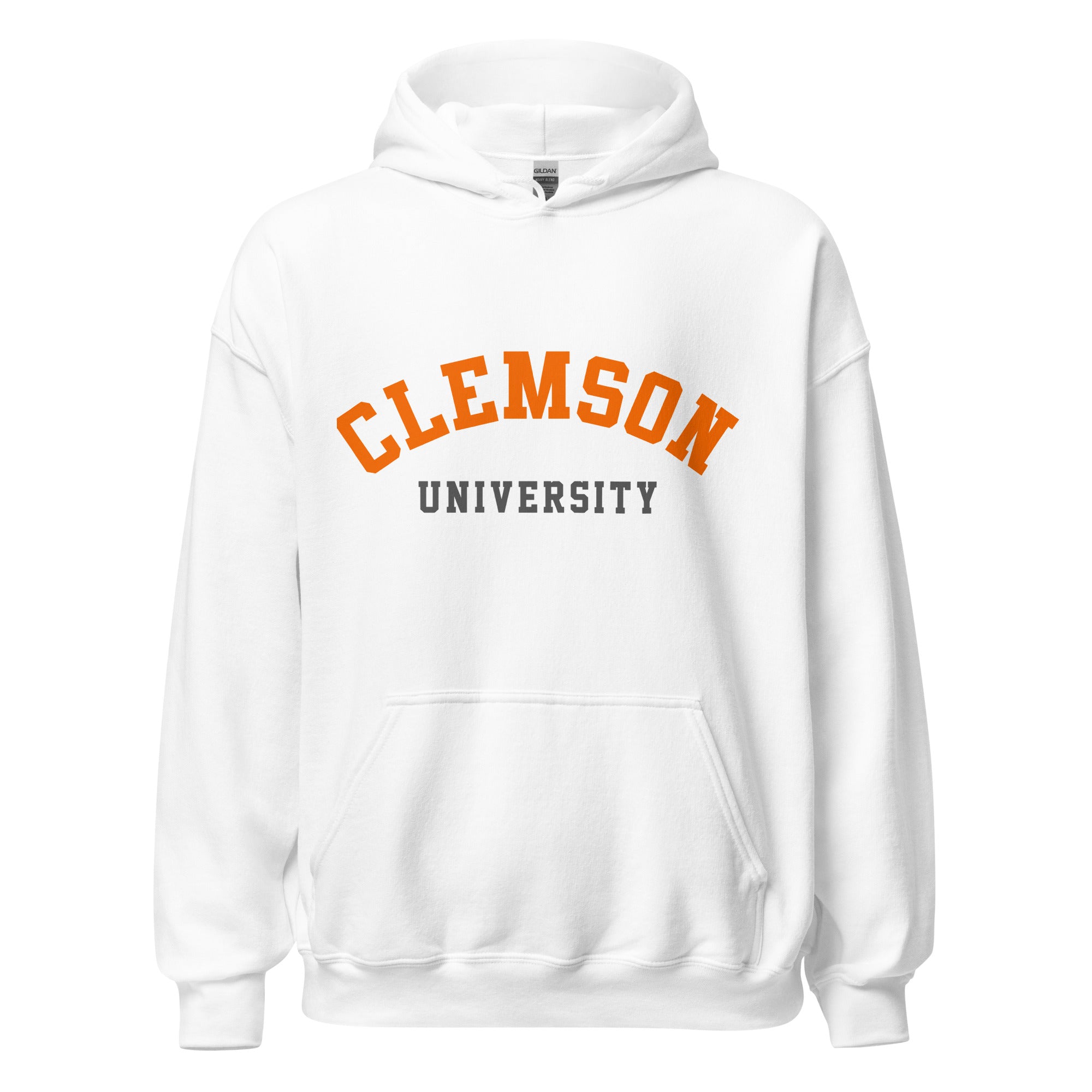 Unisex hoodie featuring Clemson University name and branding in orange and purple