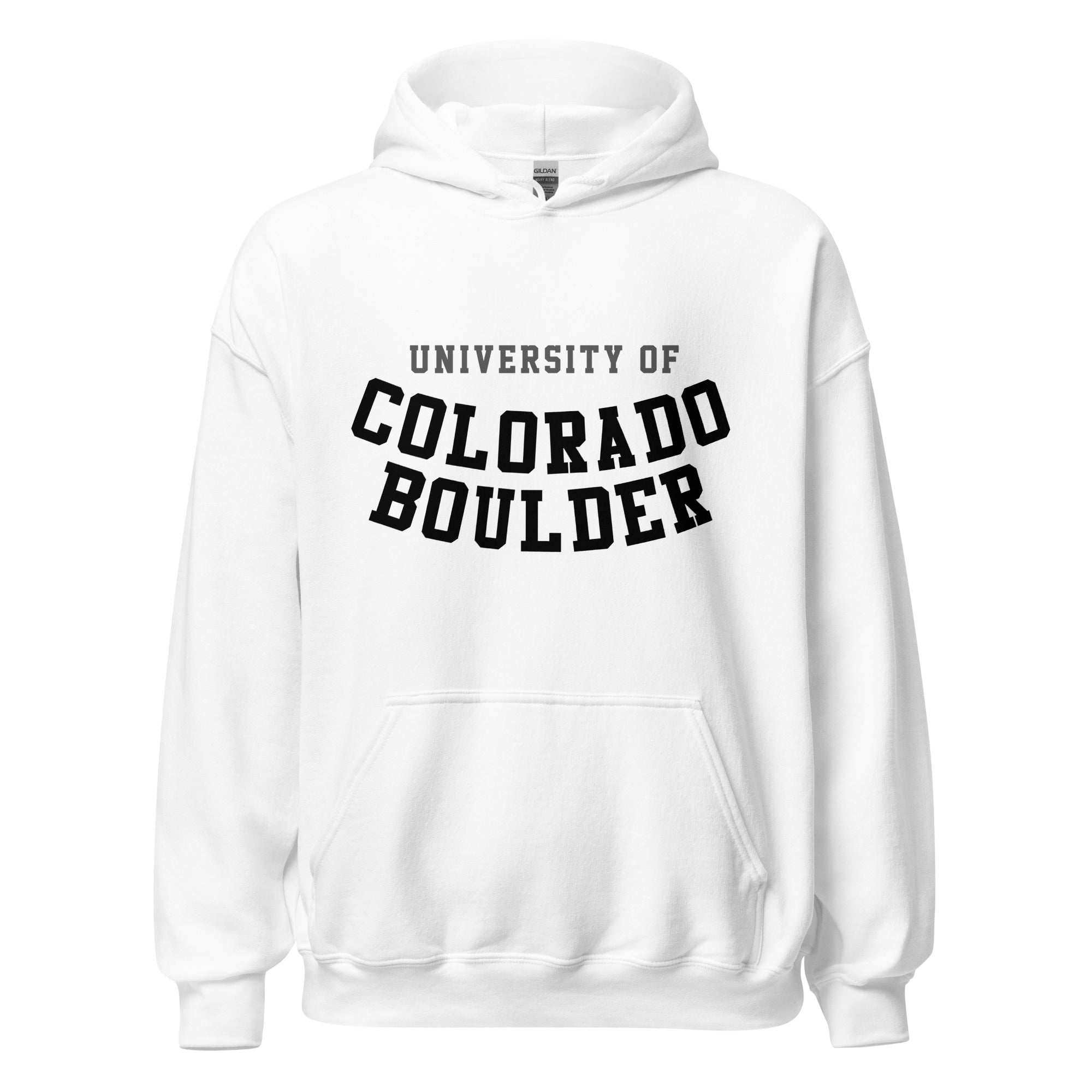 Unisex hoodie featuring University of Colorado Boulder name and branding in gold and black