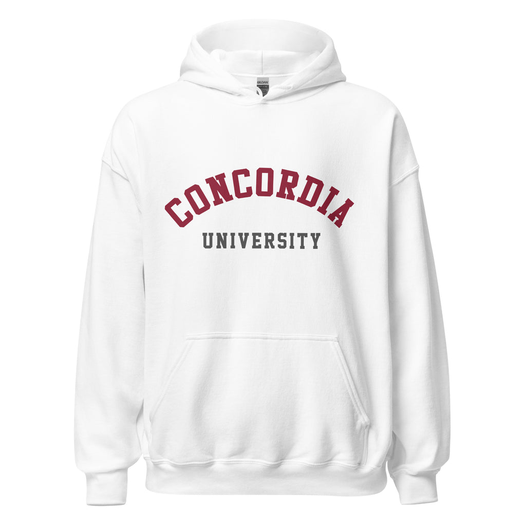 Unisex hoodie featuring Concordia University name and branding in burgundy and gold
