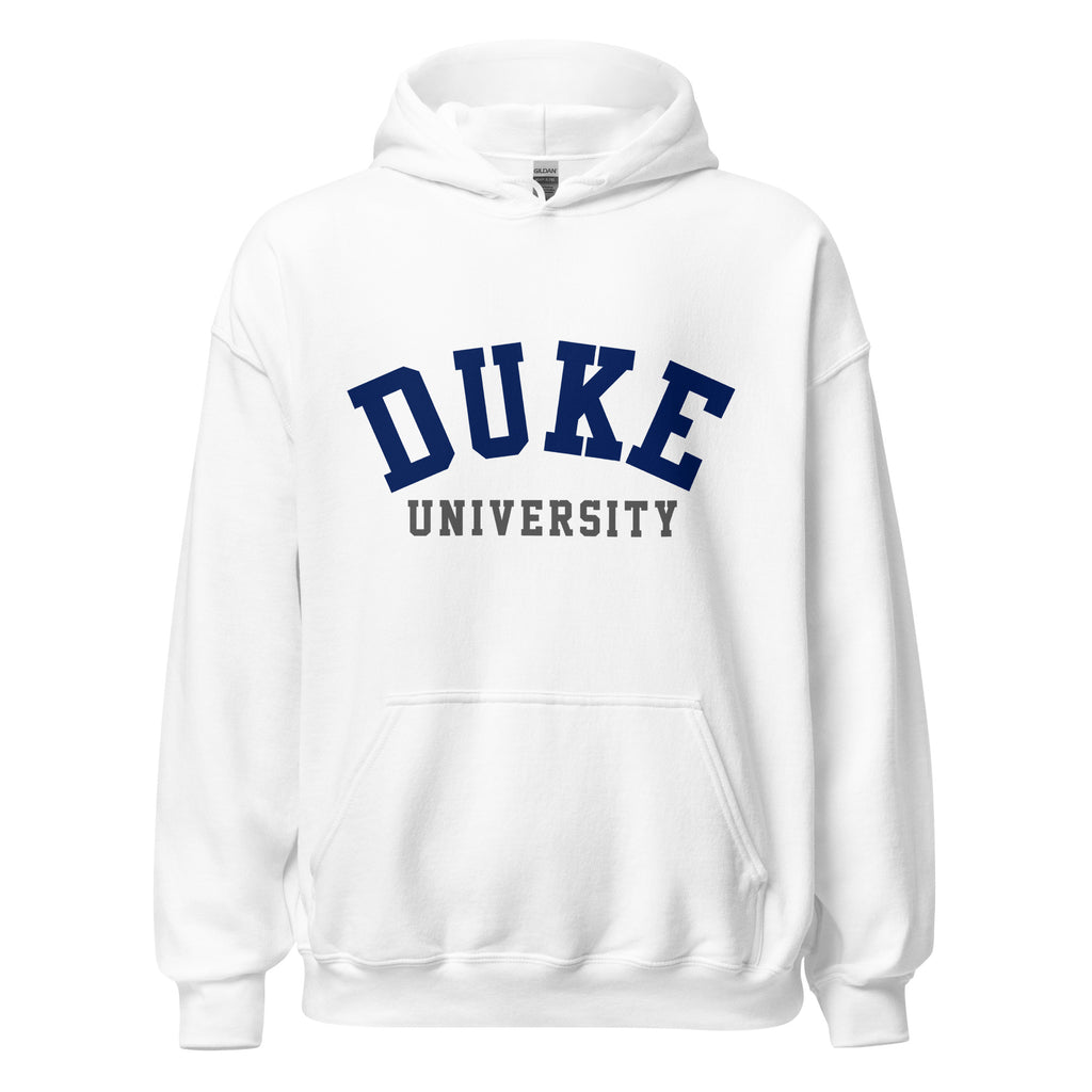Unisex hoodie featuring Duke University name and branding in royal blue and white