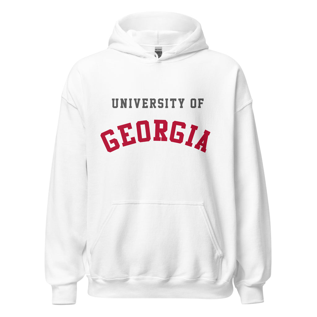 Unisex hoodie featuring University of Georgia name and branding in red and black