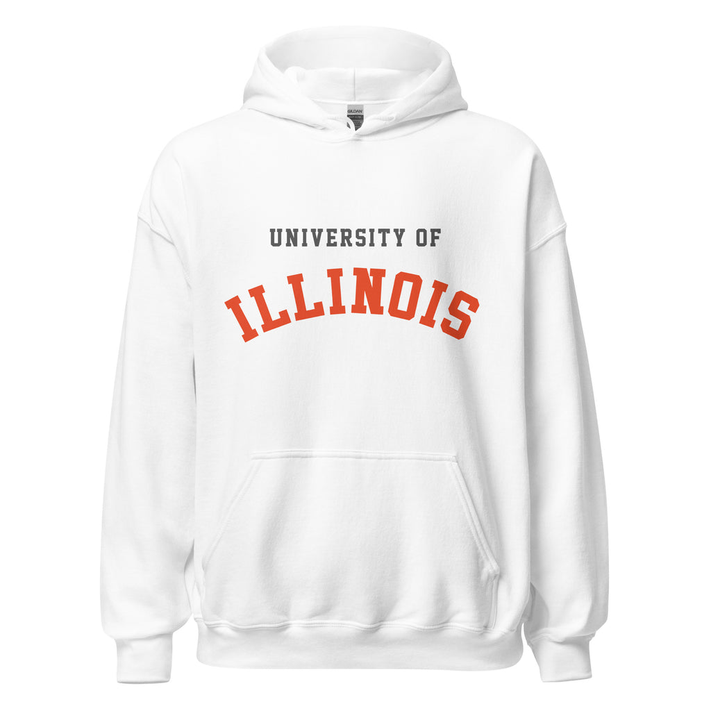 Unisex hoodie featuring University of Illinois name and branding in orange and navy blue