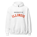 Unisex hoodie featuring University of Illinois name and branding in orange and navy blue