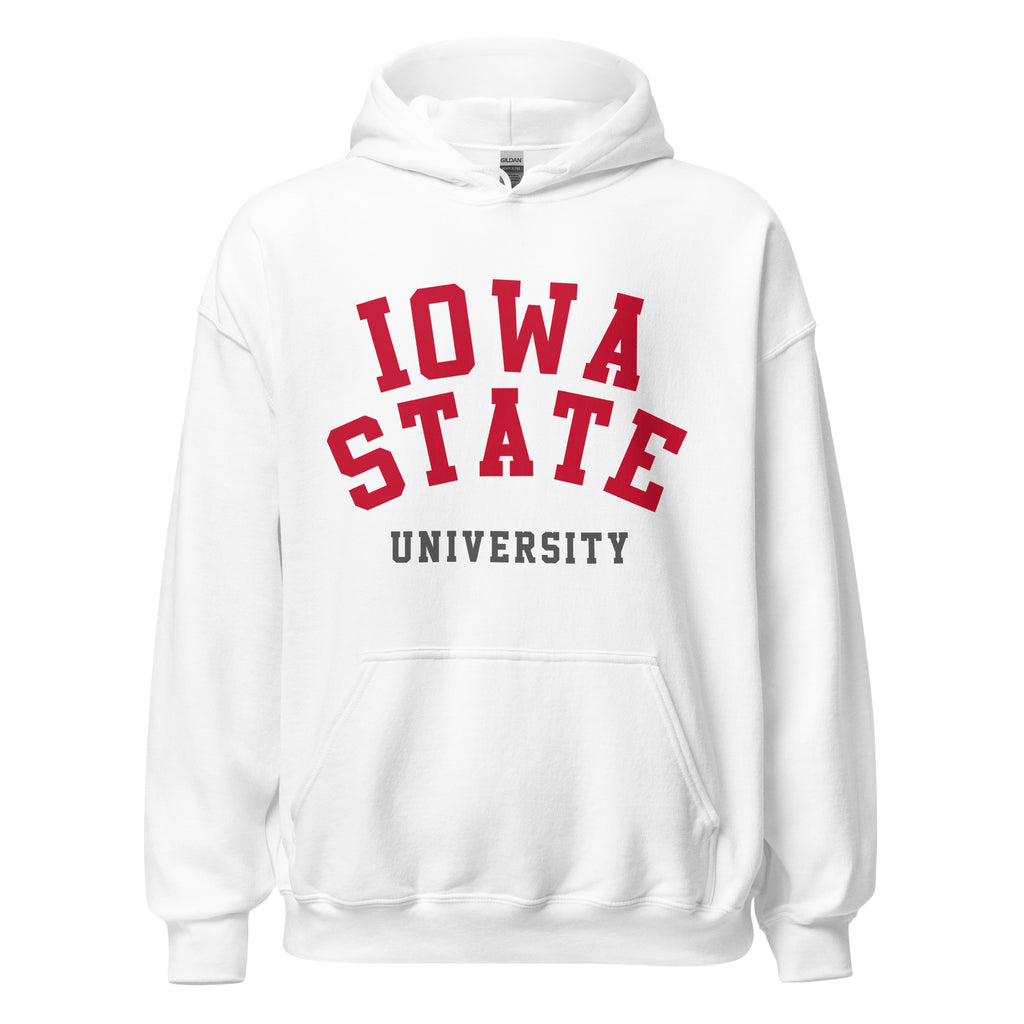 Unisex hoodie featuring Iowa State University name and branding in cardinal and gold