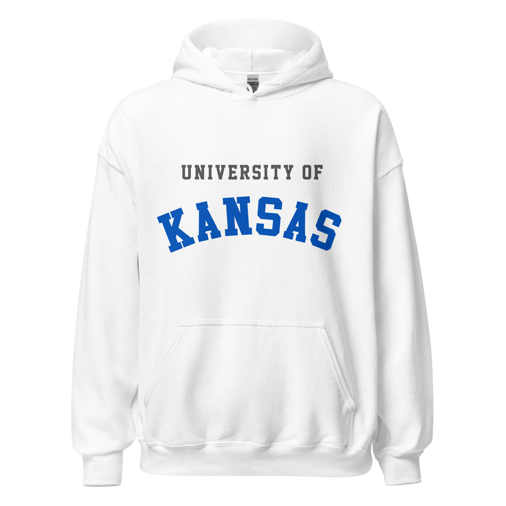 Unisex hoodie featuring University of Kansas name and branding in crimson and blue