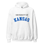 Unisex hoodie featuring University of Kansas name and branding in crimson and blue
