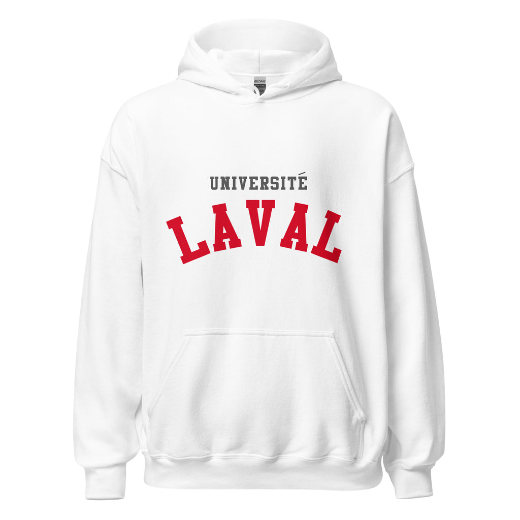 Unisex hoodie featuring Université Laval name and branding in red and gold