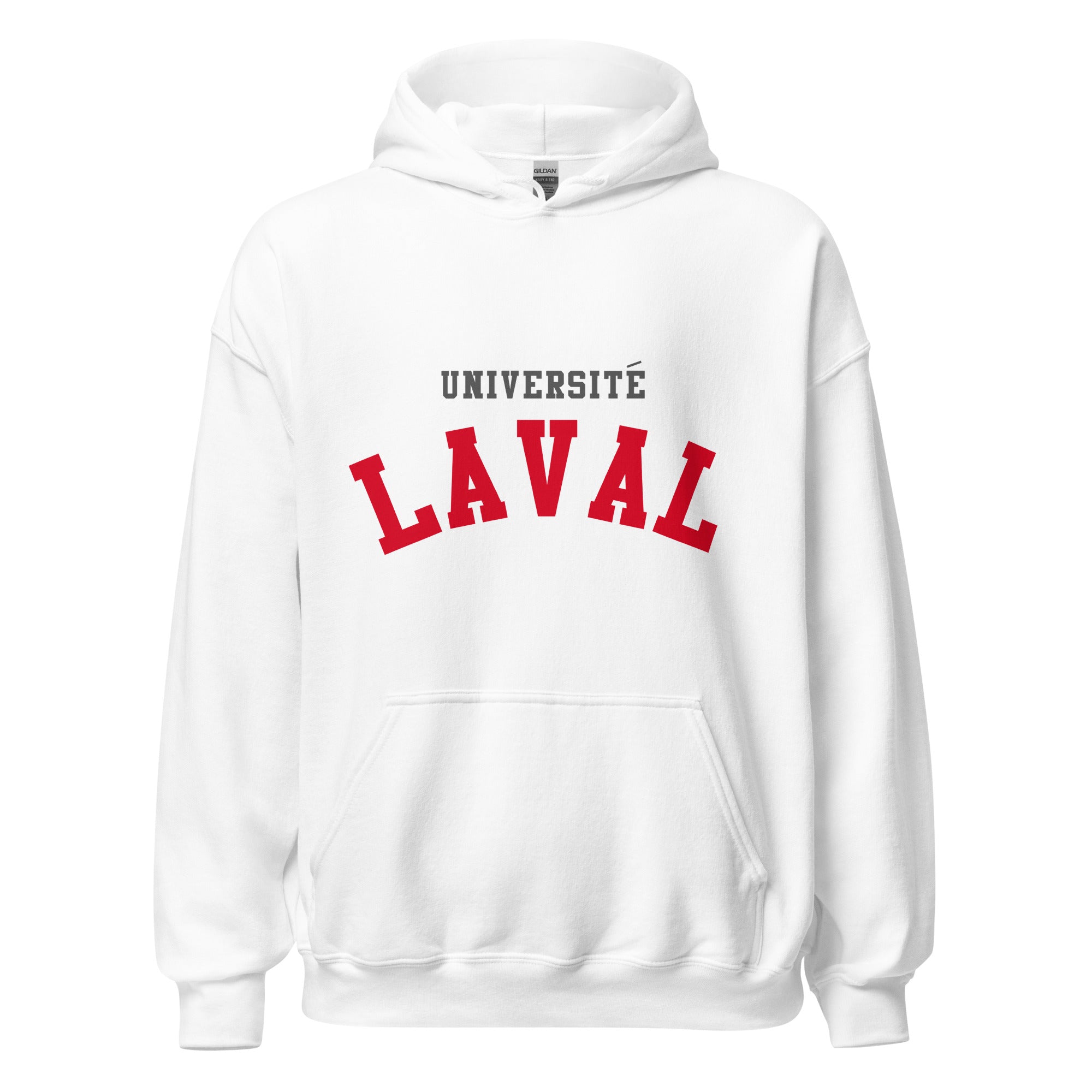 Unisex hoodie featuring Université Laval name and branding in red and gold