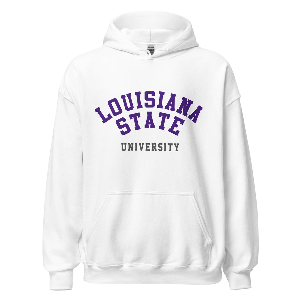 Unisex hoodie featuring Louisiana State University name and branding in purple and gold