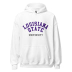 Unisex hoodie featuring Louisiana State University name and branding in purple and gold