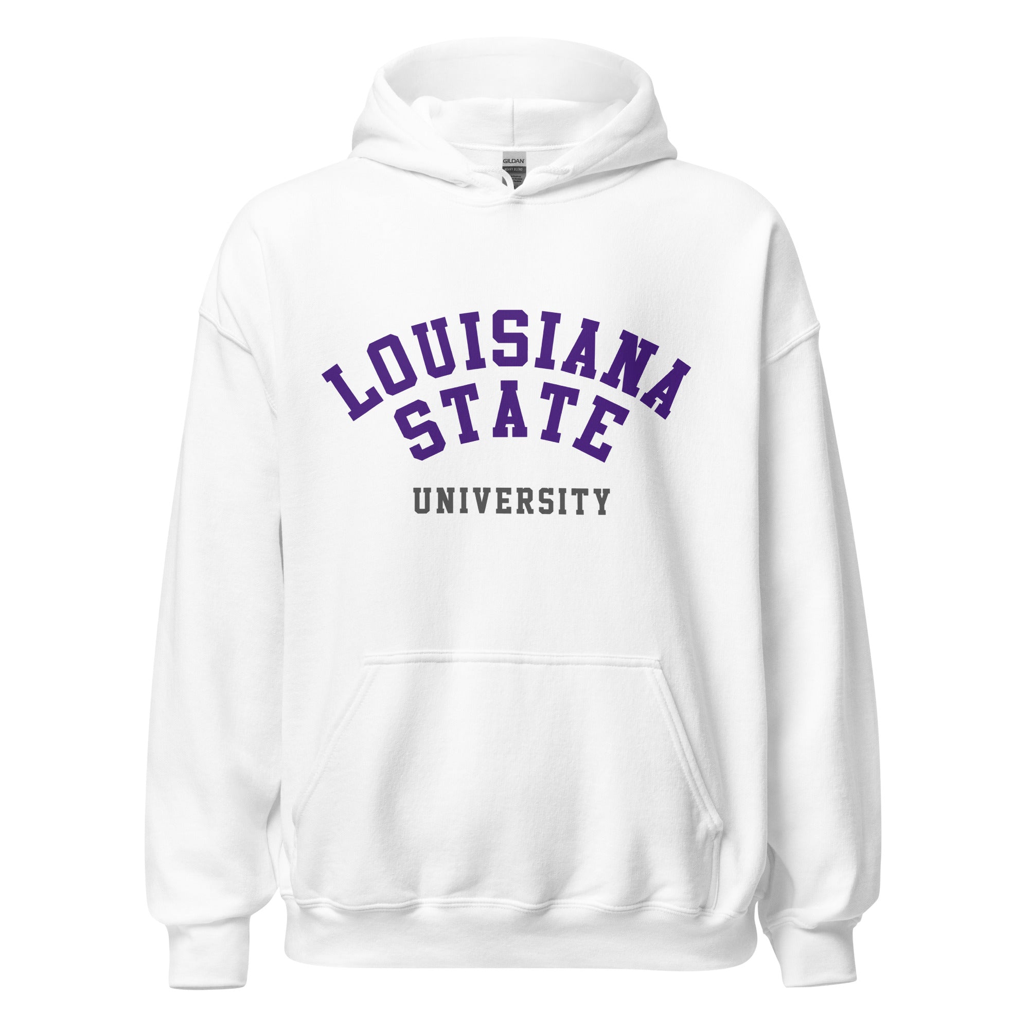 Unisex hoodie featuring Louisiana State University name and branding in purple and gold