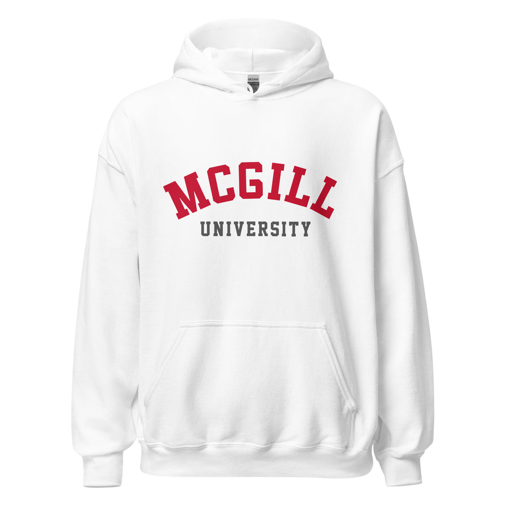 Unisex hoodie featuring McGill University name and branding in red and white