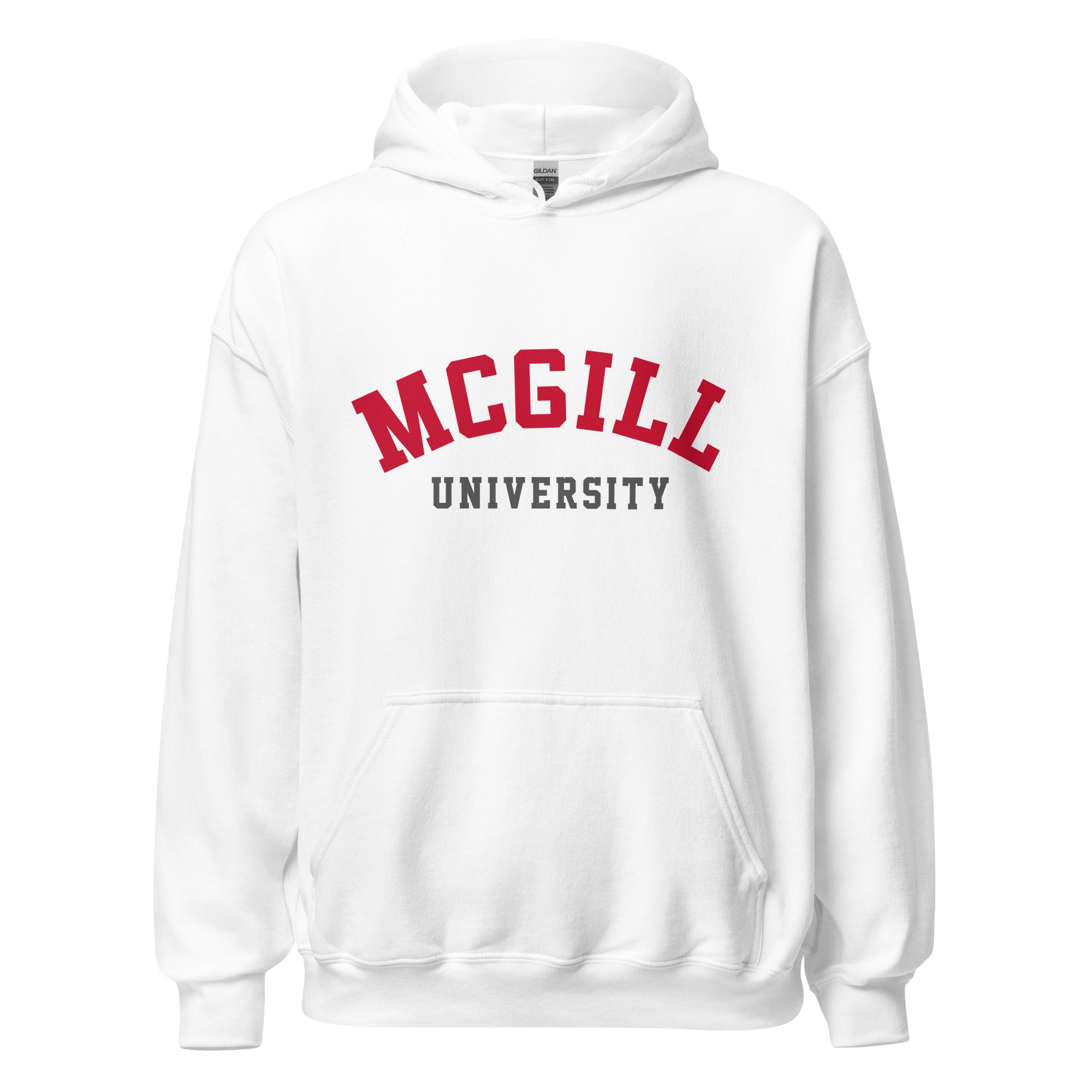 Unisex hoodie featuring McGill University name and branding in red and white