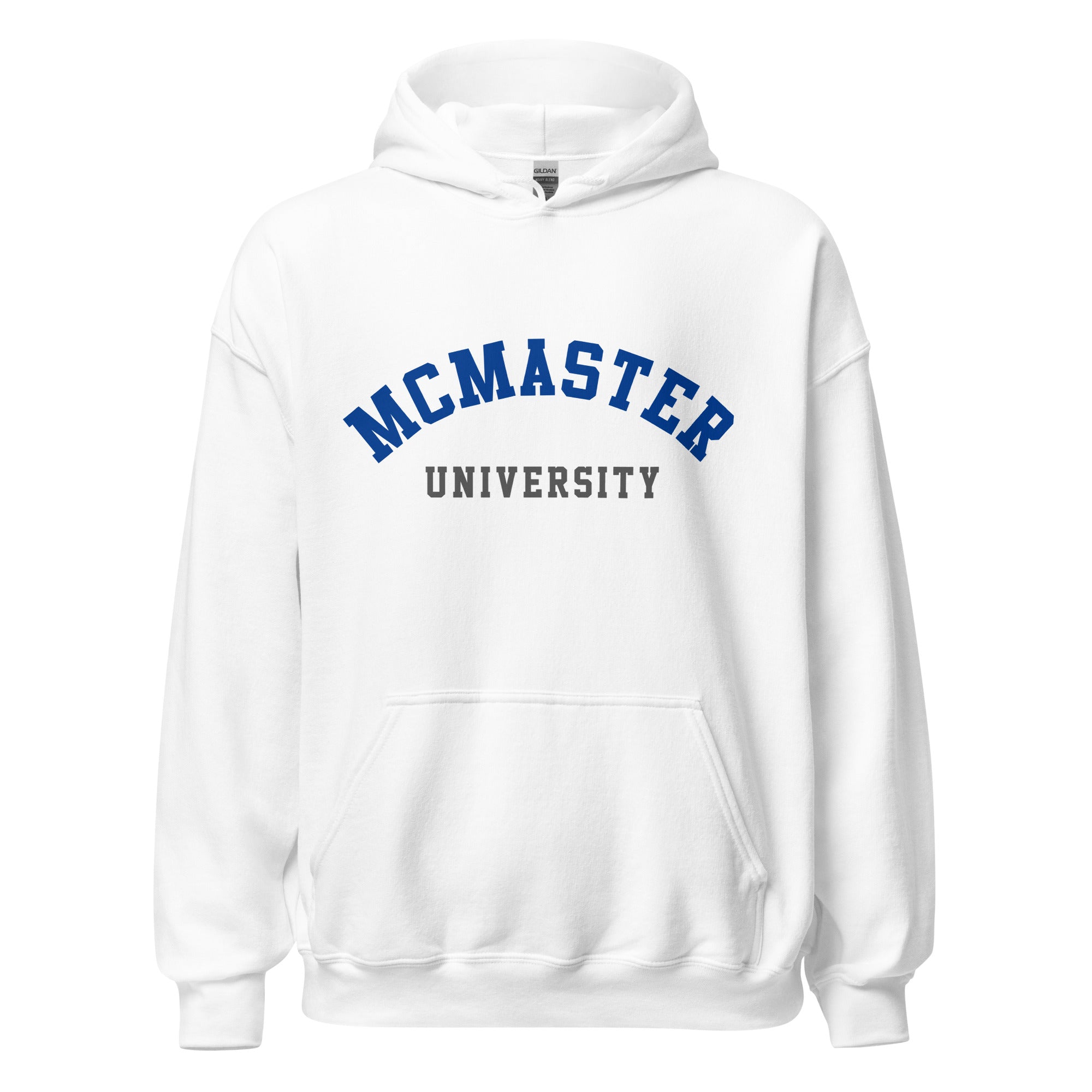 Unisex hoodie featuring McMaster University name and branding in maroon and gold