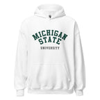 Unisex hoodie featuring Michigan State University name and branding in green and white