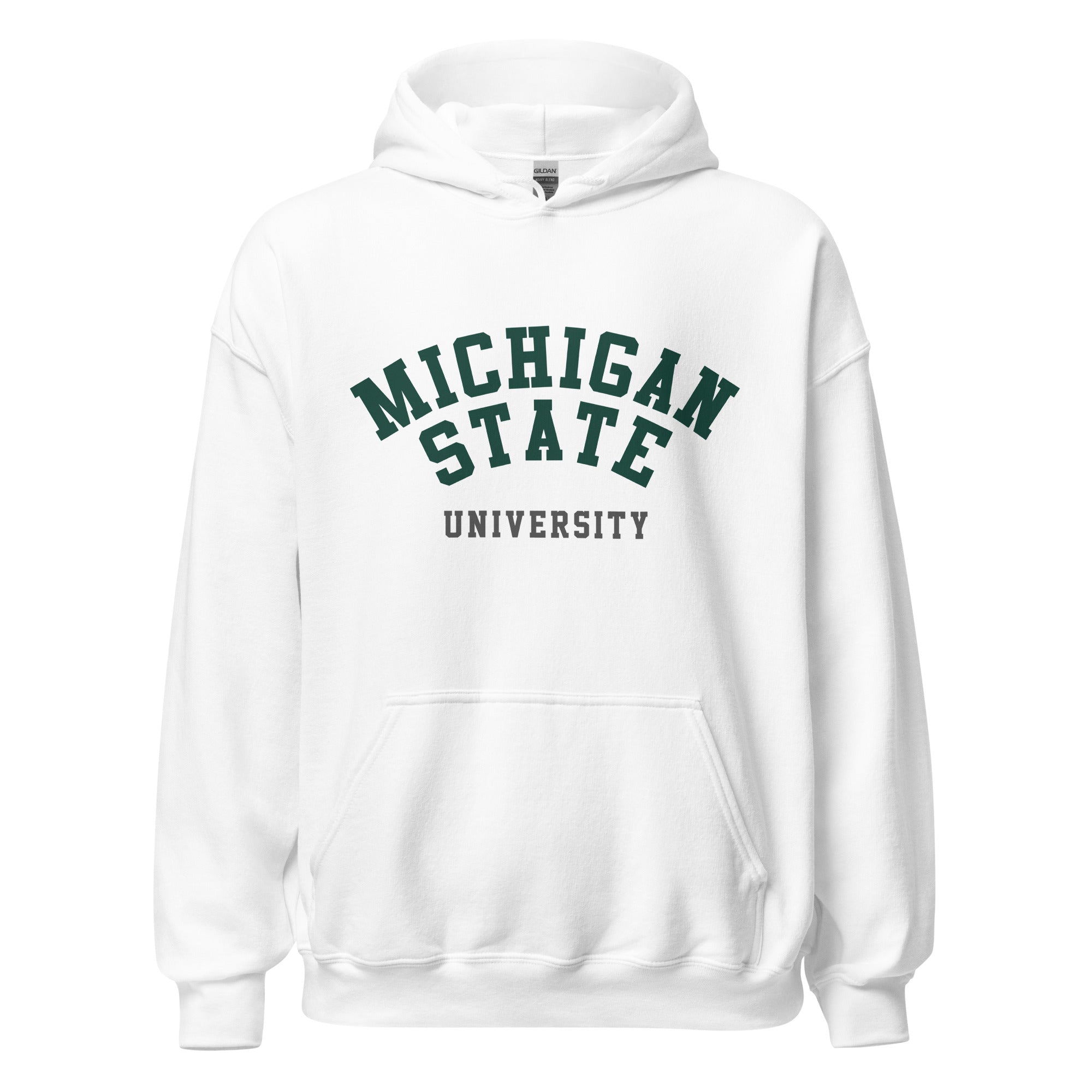Unisex hoodie featuring Michigan State University name and branding in green and white