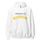 Unisex hoodie featuring University of Michigan name and branding in maize and blue