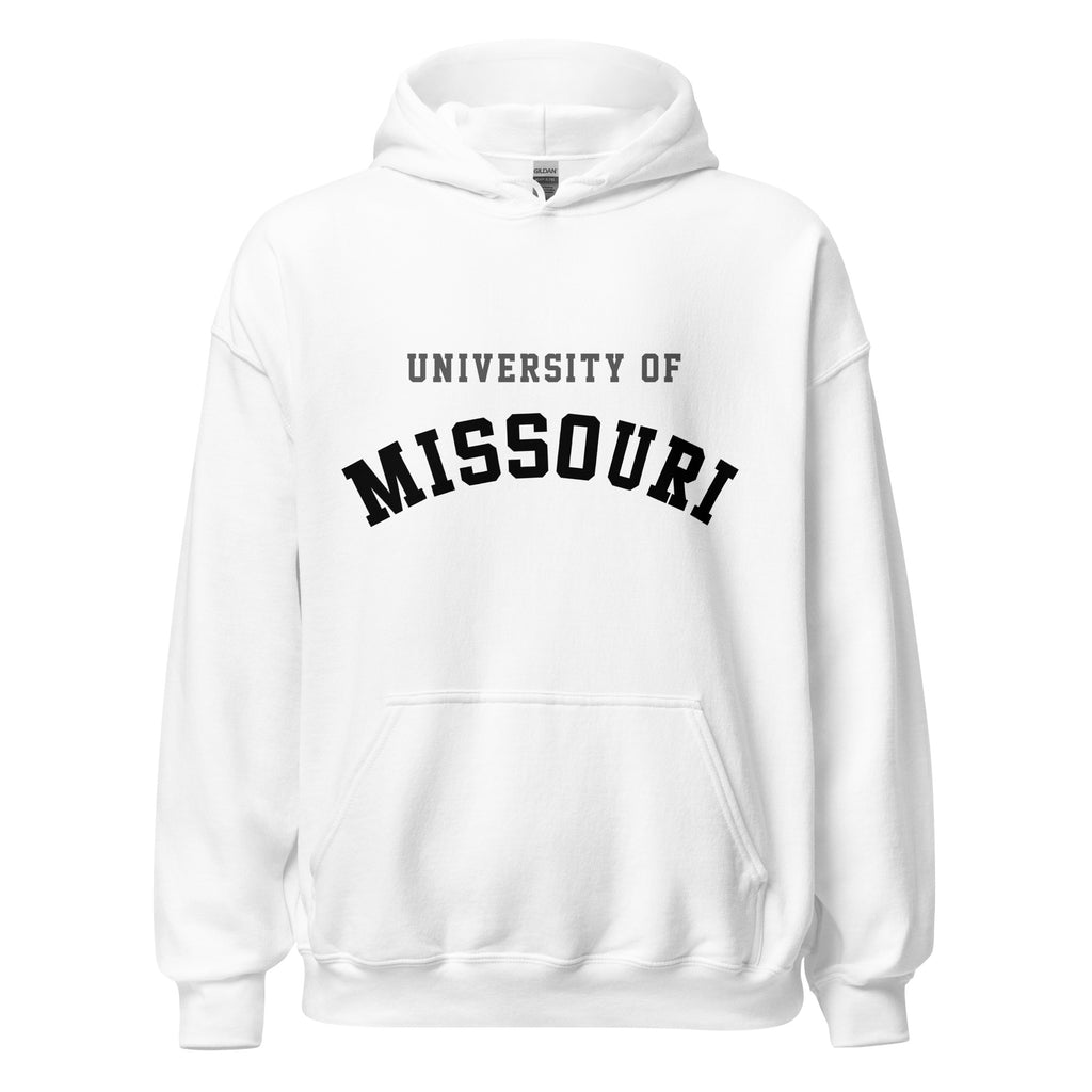 Unisex hoodie featuring University of Missouri name and branding in black and gold