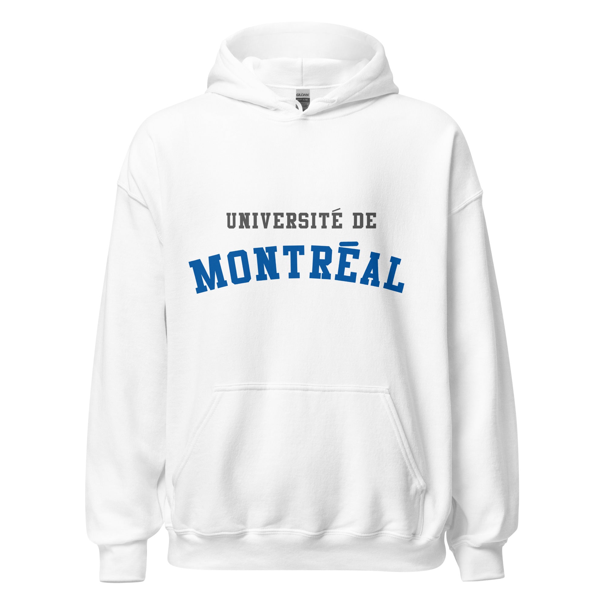 Unisex hoodie featuring Université de Montréal name and branding in blue and white