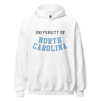 Unisex hoodie featuring University of North Carolina name and branding in Carolina blue and white