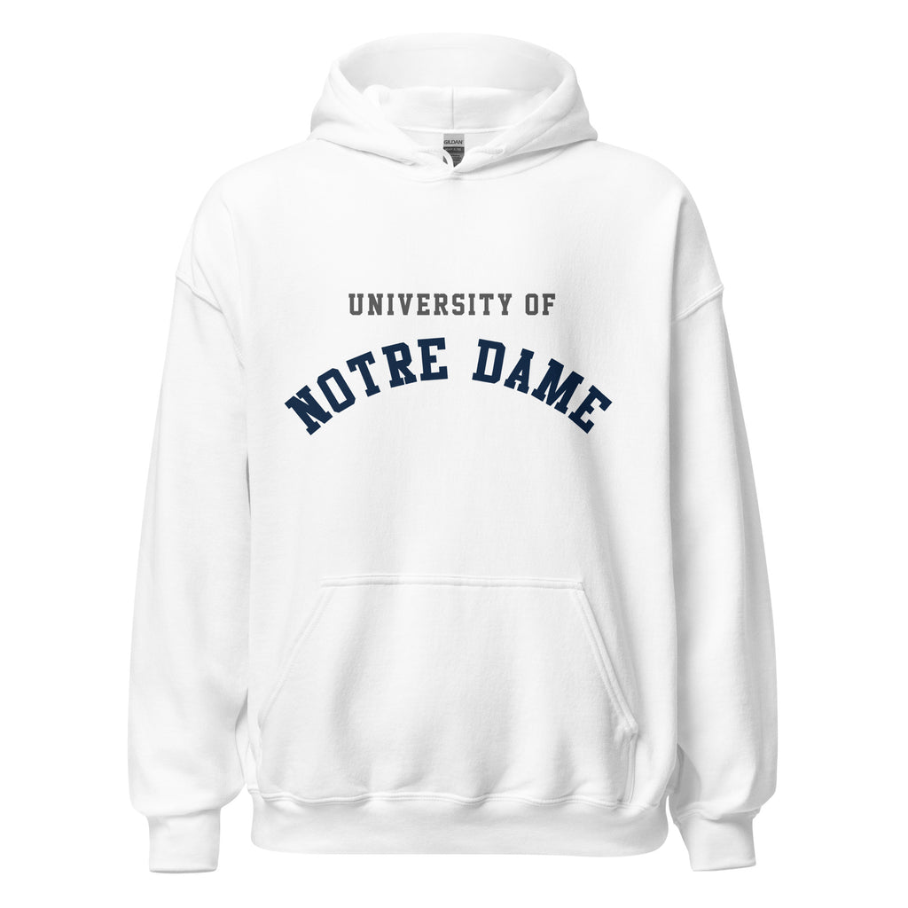 Unisex hoodie featuring University of Notre Dame name and branding in navy and gold