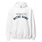 Unisex hoodie featuring University of Notre Dame name and branding in navy and gold