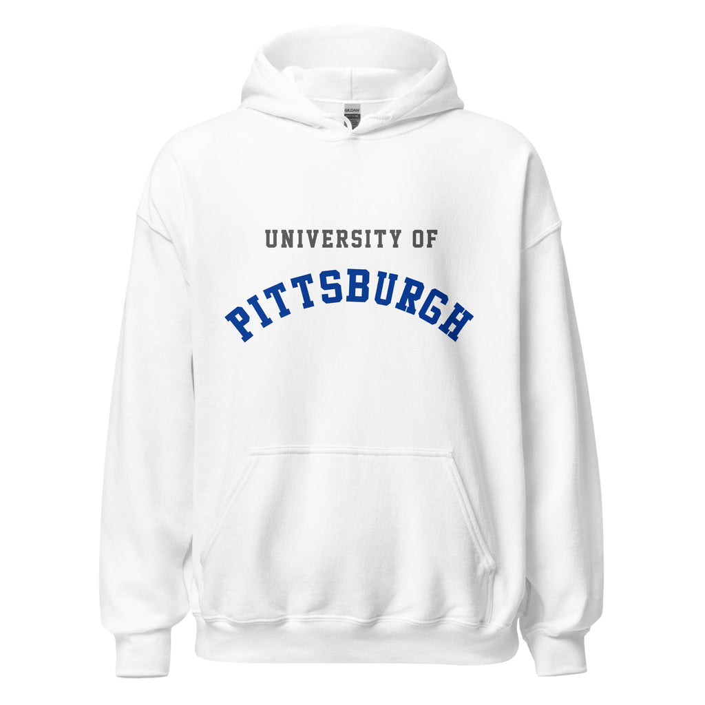 Unisex hoodie featuring University of Pittsburgh name and branding in royal blue and gold