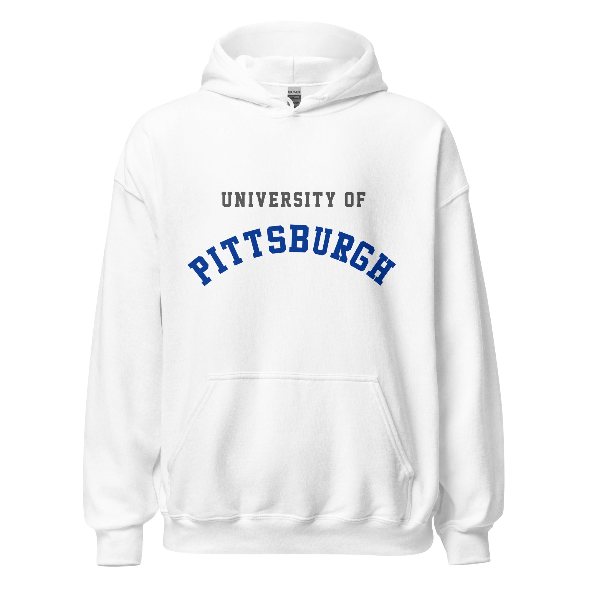 Unisex hoodie featuring University of Pittsburgh name and branding in royal blue and gold