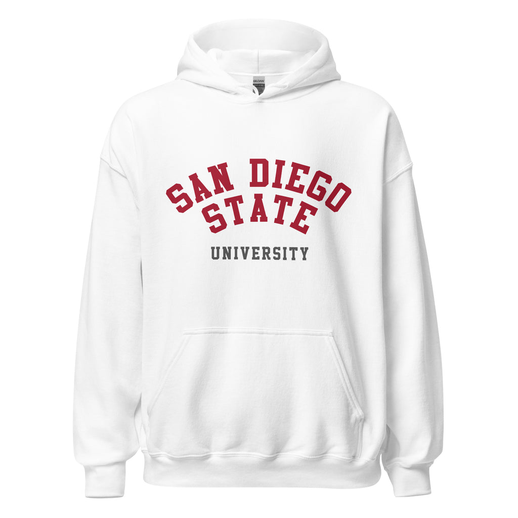 Unisex hoodie featuring San Diego State University name and branding in scarlet and black