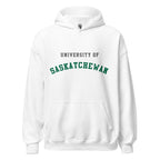 Unisex hoodie featuring University of Saskatchewan name and branding in green and gold