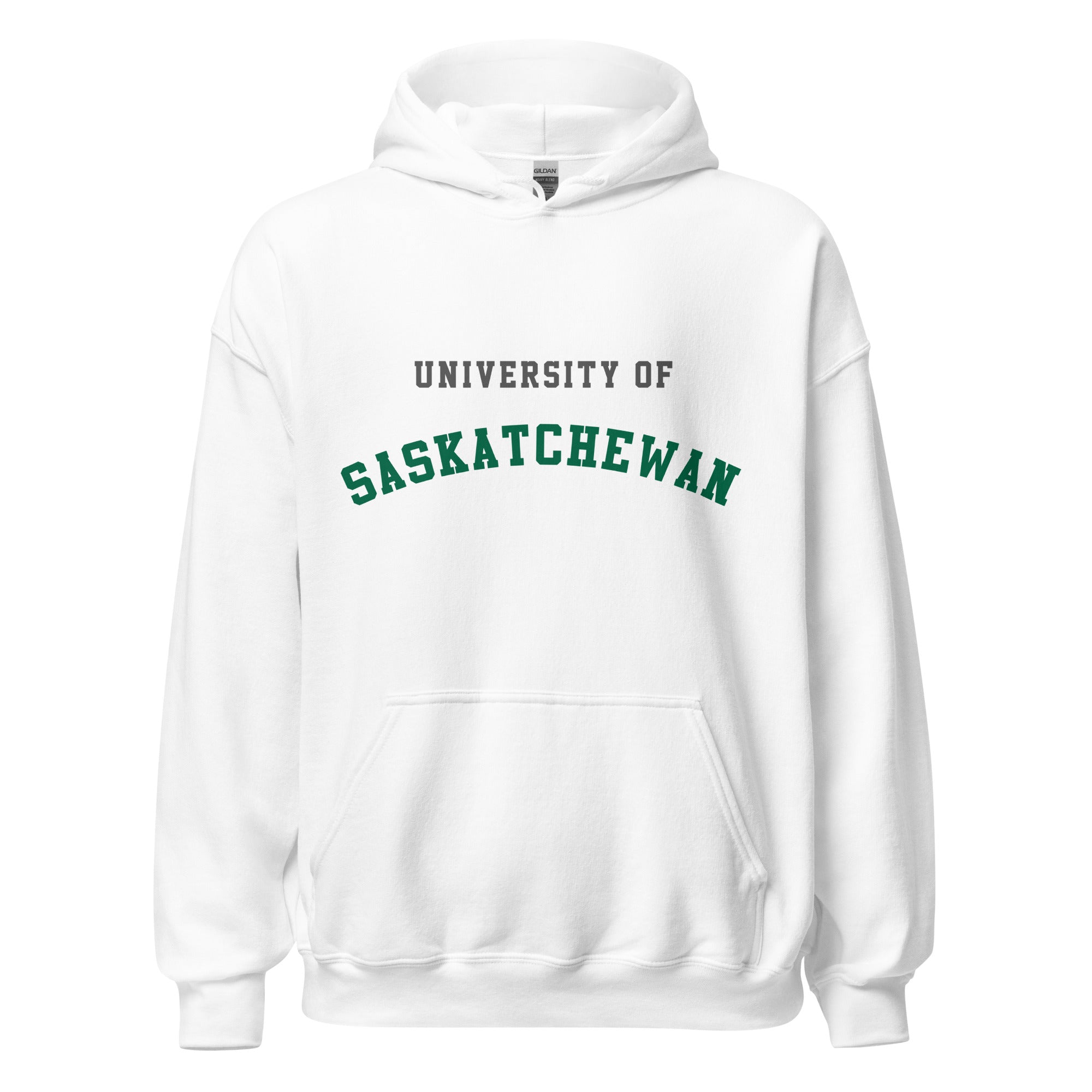 Unisex hoodie featuring University of Saskatchewan name and branding in green and gold