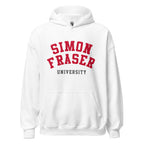 Unisex hoodie featuring Simon Fraser University name and branding in red and white