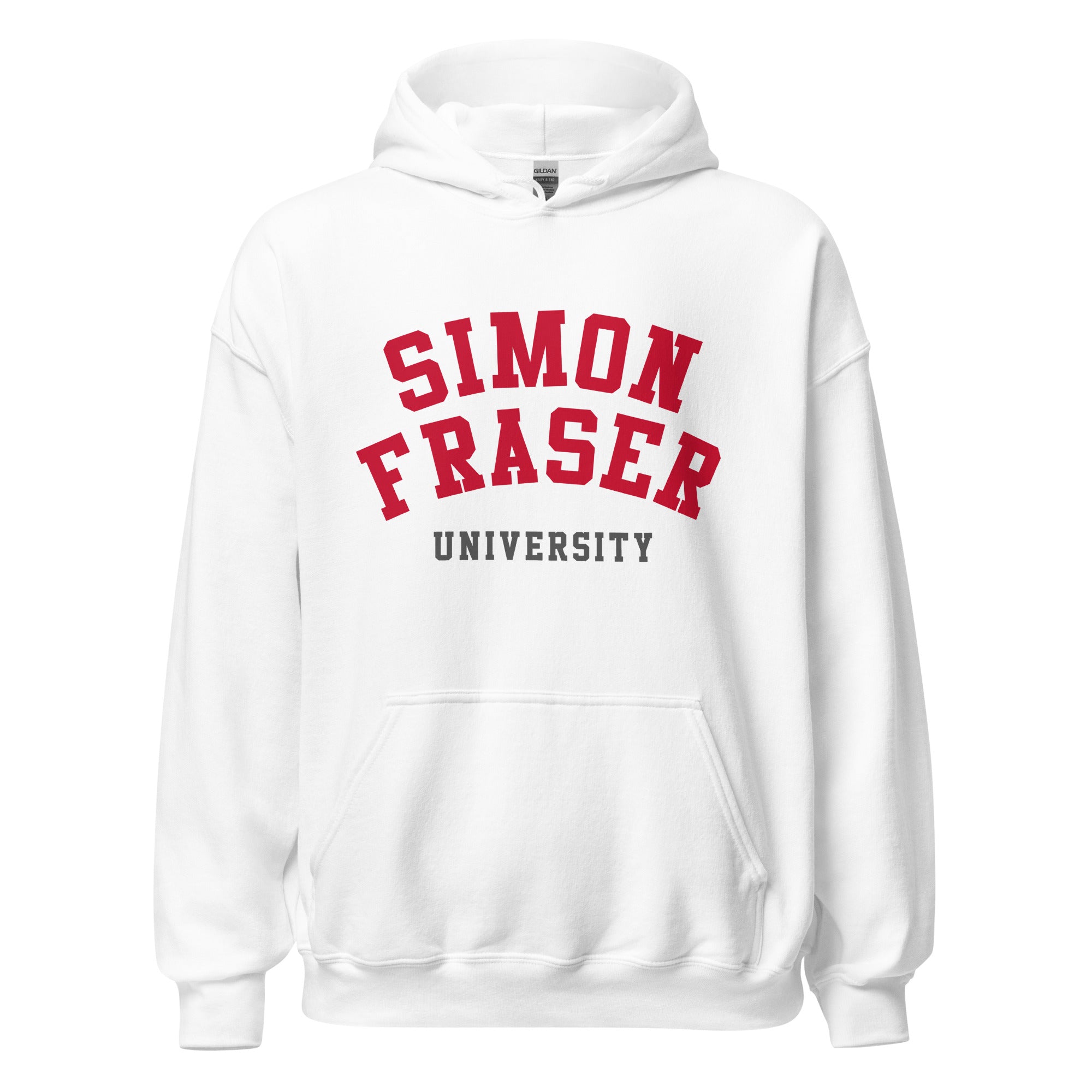 Unisex hoodie featuring Simon Fraser University name and branding in red and white