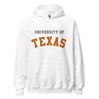 Unisex hoodie featuring University of Texas name and branding in burnt orange and white