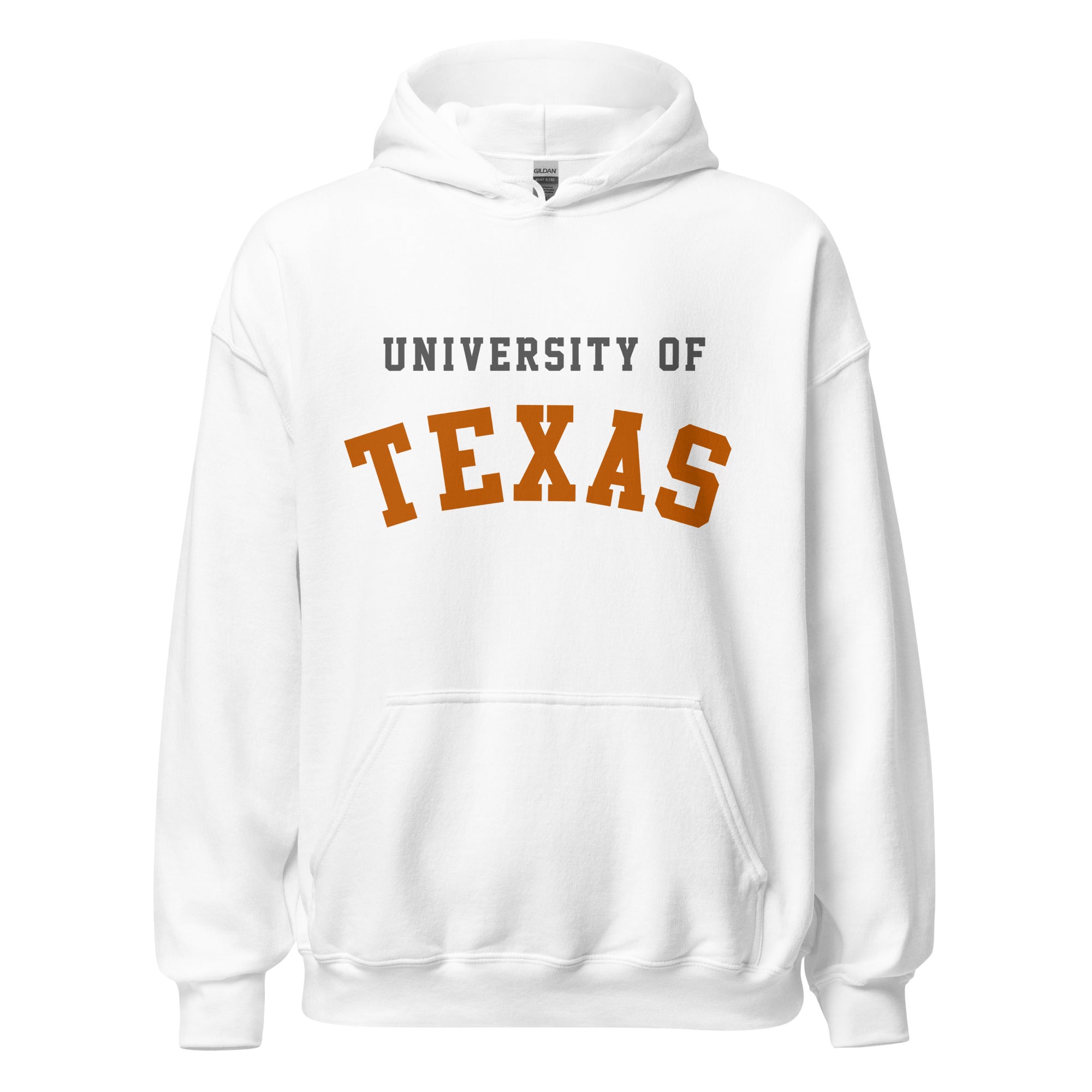 Unisex hoodie featuring University of Texas name and branding in burnt orange and white