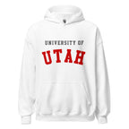 Unisex hoodie featuring University of Utah name and branding in crimson and white