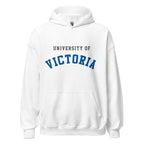 Unisex hoodie featuring University of Victoria name and branding in blue and red