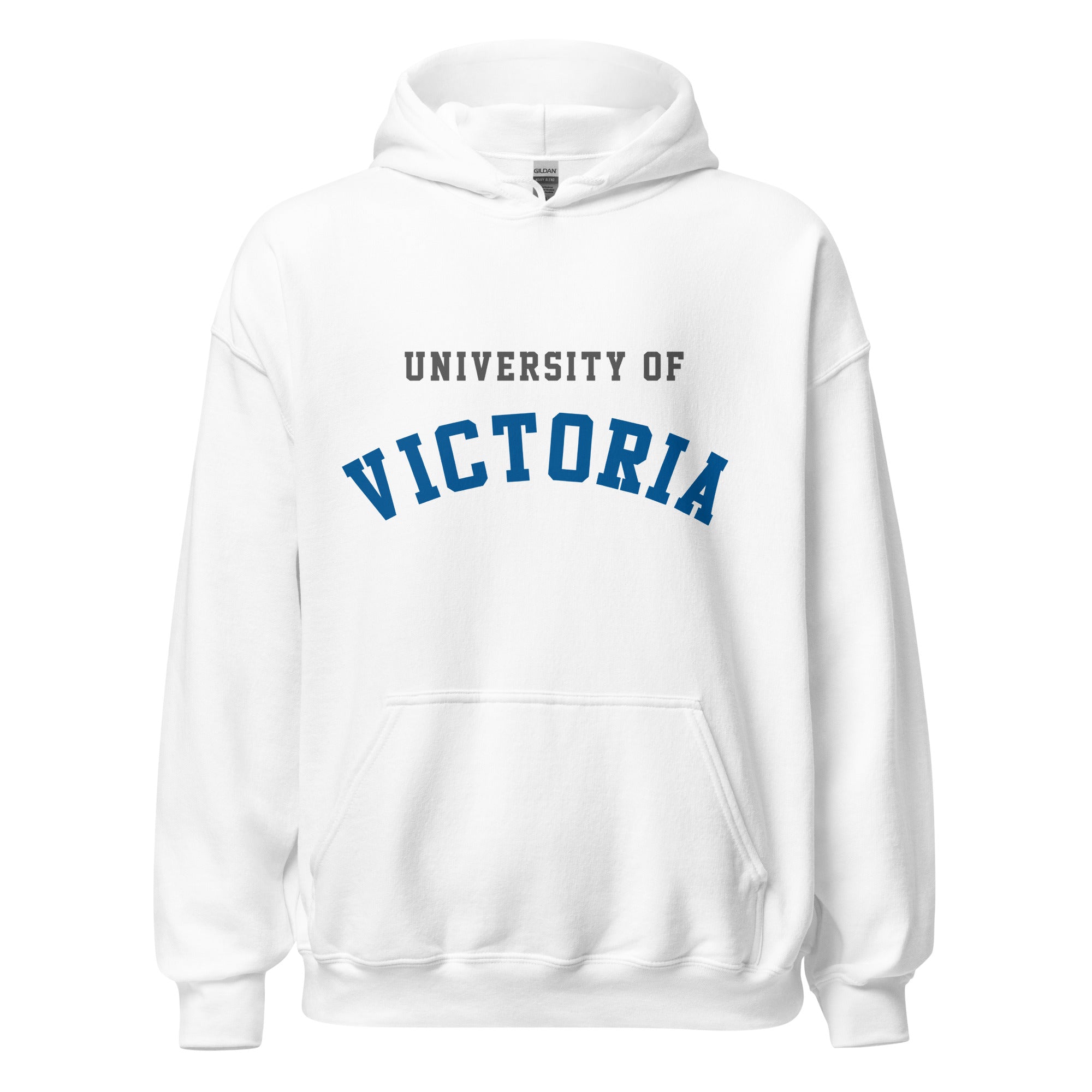 Unisex hoodie featuring University of Victoria name and branding in blue and red