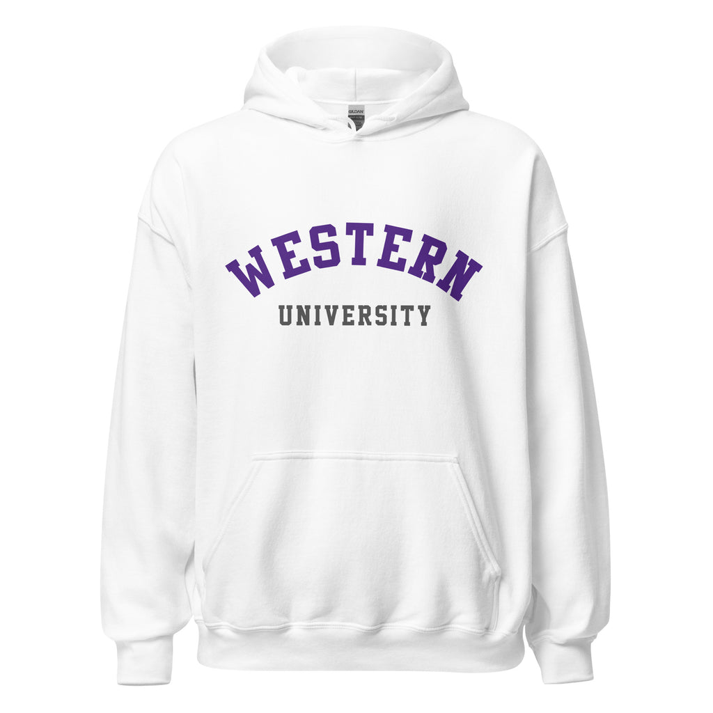 Unisex hoodie featuring Western University name and branding in purple and white
