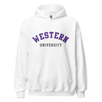 Unisex hoodie featuring Western University name and branding in purple and white